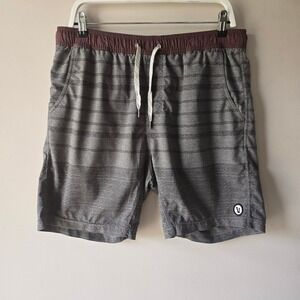 Vuori Mens Hybrid Board Shorts Grey Maroon Striped Elastic Waist Swim Trunks 35